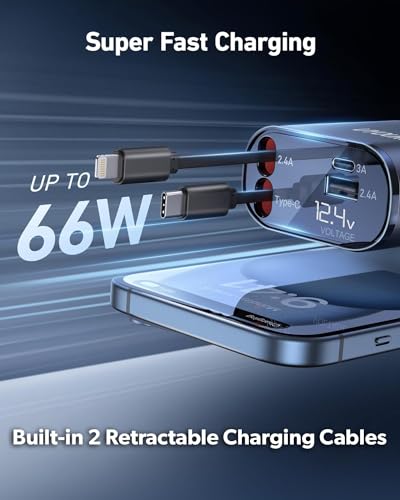 Image of Weldots Retractable Car Charger 120W, 4 In 1 Fast Car Phone Charger, Retractable Cables, 2 Usb Ports, Compatible With iPhone 15 /14 /13 /12 /11, Type C + Lightening, Black