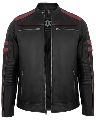 Image of Leather Jacket Men - Real Lambskin Motorcycle Jacket with Snap Tab Collar, Adjustable Waist & Zippered Pockets