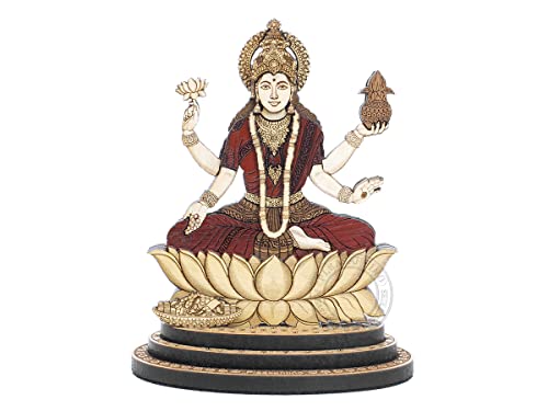 PLEASANTINO - 4 Inch Goddess Lakshmi Wood Carved Statue in Exotic Hard Woods - Multi Layered Hand Made Wooden Goddess Lakshmi Idol for Car Dashboard, Home, Office, and Travel