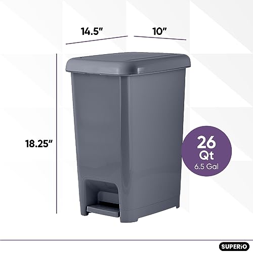 Image of Superio Slim Trash Can with Foot Pedal - 6.5 Gallon Step-On Trash Can with Lid, Medium Plastic Garbage Can, Trashcan for Bathroom, Kitchen, Office, Bedroom, Dorm, Patio - Onyx Grey, 2