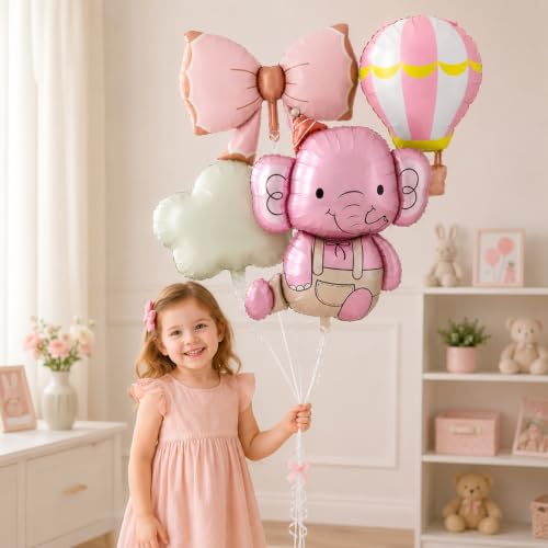 Image of Rozi Decoration Pink Elephant Foil Balloon Set for Kids Birthday Decorations, 4 Pcs Elephant, Bow, Hot Air Balloon & Cloud Foil Balloons for First Birthday, Naming Ceremony, Welcome Party Decor
