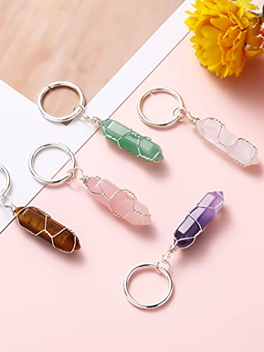 5 Pieces Crystals Stone Keychain Healing Stones Jewelry Hexagonal Crystal Keyring Quartz Pendants Keychain Quartz Crystal Healing Crystal For Women #TOP3