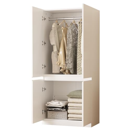 kozamas Armario blanco estrecho – 70 x 40 x 170 cm, doble puerta, barra para colgar ropa y compartimento de almacenamiento – Armario blanco para dormitorio y pasillo, también disponible como armario