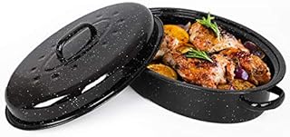 VonShef Enamel Roaster With Lid - Self-Basting, Deep Oval, Non-Stick Black Steel Oven Roasting Tin Heats up to 230°C for Stews, Casseroles & Roast Dinners - Gas / Electric, Dishwasher Safe - 38cm