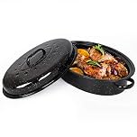 VonShef Enamel Roaster with Lid - Self-Basting, Deep Oval, Non-Stick Black Steel Oven Roasting Tin Heats up to 230°C for Stews, Casseroles & Roast Dinners - Gas/Electric, Easy Clean - 38cm