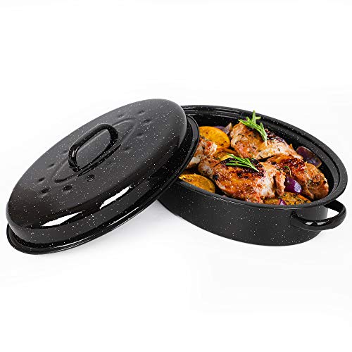 VonShef Enamel Roaster with Lid - Self-Basting Deep Oval Non-Stick Black Steel Oven Roasting Tin Heats up to 230C for Stews Casseroles & Roast Dinners - Gas/Electric Easy Clean - 38cm