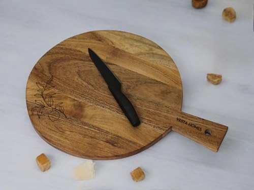 Image of Vesta Homes Wooden Round Chopping Board /Cutting Board /Serving Board, Plate for Pizza, Vegetables, Fruits and Cheese | Natural Acacia Wood | 44 x 33 x 1.5 cm | Handcrafted | Made in India