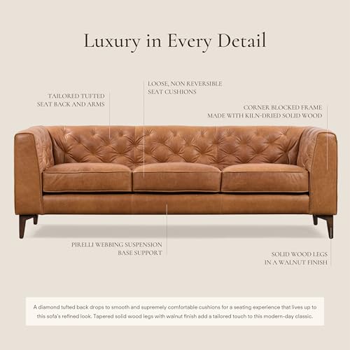 Image of POLY & BARK Essex 89 inch Full-Grain Italian Leather Sofa - Tufted Back, Feather-Down Comfort, Solid Wood Frame, Cognac Tan