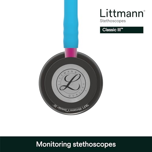 Image of 3M Littmann Classic III Monitoring Stethoscope, 5872, More Than 2X as Loud, Weighs Less, Stainless Steel Smoke-Finish Chestpiece, 27 inch Turquoise Tube, Pink Stem, and Smoke Headset