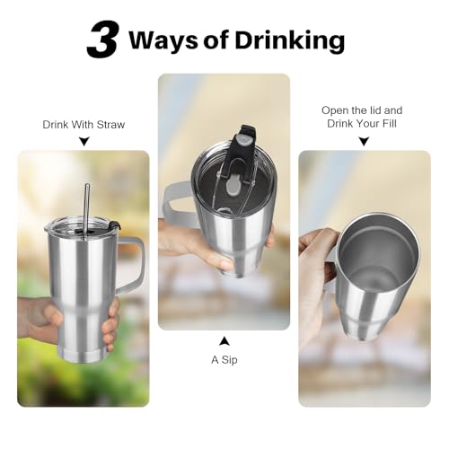 Image of 20 oz Tumbler with Handle, Stainless Steel Insulated Tumbler with Lid and Straw, Double Wall Vacuum Coffee Mug Tumbler, Insulated Coffee Thermal Cup for Cold and Hot (Silver)