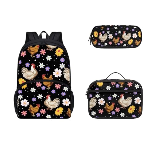 Gomyblomy Chicken Print School Backpack for Teen 3Piece School Bags Set with Lunch Box and Pencil Case Lightweight Kids Girls School Bookbag Travel Daypack Purse
