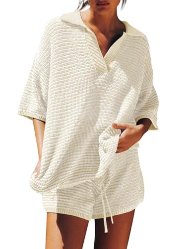 Tankaneo Womens Sweater Set 2 Piece Outfits Oversized 3/4 Sleeve V Neck Knit Tops High Waisted Shorts Lounge Sets