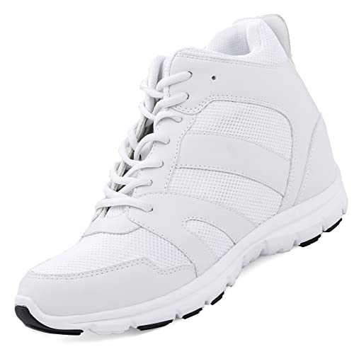 CALTO Men's Invisible Height Increasing Elevator Shoes - Glacier White Leather/Mesh Lace-up Sporty Trainers - 4 Inches Taller - G3329 - Size 12 D(M) US