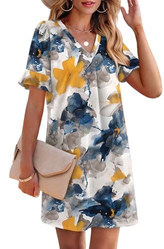 Image of OFEEFAN Summer Dresses for Women Ruffle Short Sleeve V Neck Casual Shift Dress with Pockets