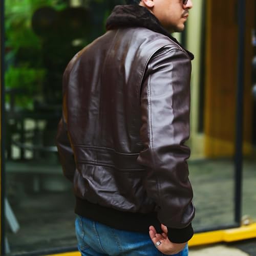 Image of Jild Navy G-1 Real Leather Bomber Jacket Men with Removable Fur Collar - Vintage Flight Aviator Leather Jacket Men