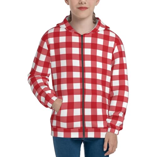 Red Checkboard Kid Hoodies Boys Zip Up Sweatshirts Girls Pullover with Pocket3