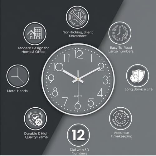 Image of STAR WORK Premium Wall Clock 12 inch Inch Silent Non-Ticking Quartz Movement | Easy to Read 3D Numbers | Modern Analog Clock for Home Decor, Living Room, Bedroom, Office (Slate Gray, 12-Inch (30Cm))