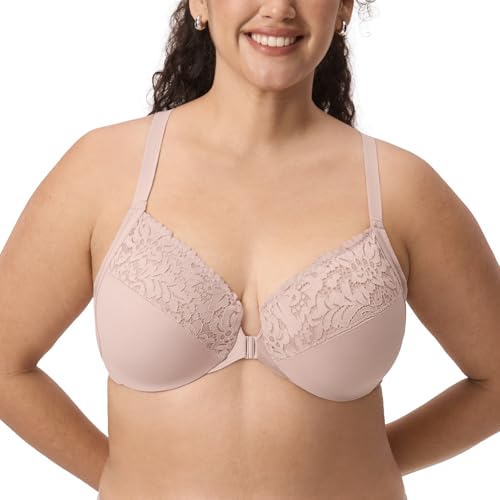 Image of DELIMIRA Women's Front Closure Racerback Bras | Plus Size, Full Coverage, Lace, Underwire, No Padding Unlined