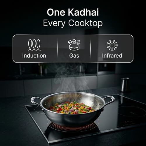 Image of AGARO Regency 28 cm Triply Stainless Steel Kadai with Lid, 4L, Induction & Gas Compatible, Even Heat, Non-Toxic, no Chemical Coating, Dishwasher Safe cookware for Kitchen, Ideal for Frying & Gravy
