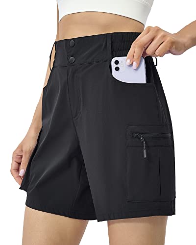 Meloo Women's Hiking Cargo Shorts - Stretch Golf Active Shorts Outdoor Summer Climbing Pockets Water Resistant Black Size L #TOP1