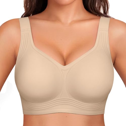 OEAK Womens Wireless Jelly Bra Plus Size Supportive Seamless Bras Full Coverage Push Up Comfortable No Underwire Tshirt Bras 4XL Creamy Beige