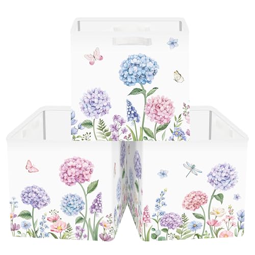 Clastyle Lot de 3 Boite Rangement Tissu Fleurs Sauvages Cube de Rangement Pliable Femmes Panier Kallax pour Salle de Bain,Hortensia Violet,30x30x30 cm