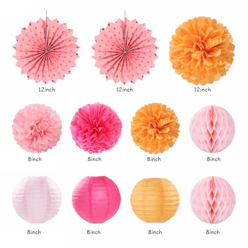 Image of Hot-Pink Orange Fall Birthday Party-Decorations - 21pcs Autumn Women Peach Happy Banner,Girls Groovy Paper Streamers Lanterns Honeycomb,Tissue Flowers Pom Poms Fan, Boho Garland Room Decor