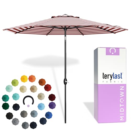 Image of Midtown Umbrellas - 10-Year-No-Fade 6 Ft Patio Umbrella with Terylast Fabric, Auto-Tilt Aluminum Frame and 8 Reinforced Ribs for Deck, Pool, Garden & Beach - Red /White Stripes Canopy, Black Pole