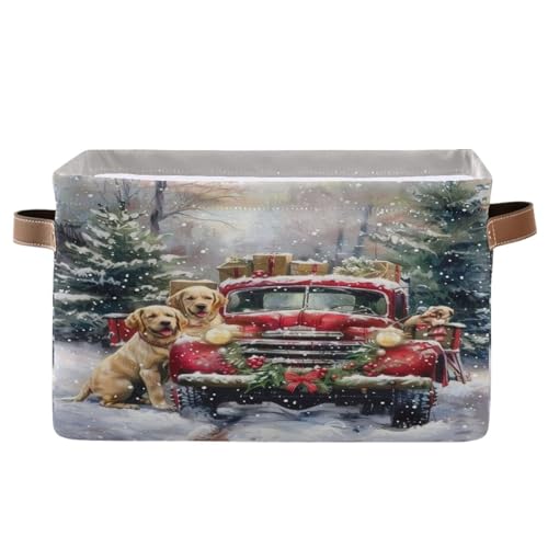 Image of Christmas Truck Golden Retriever Storage Basket Fabric Kitchen Baskets Winter Car Dogs Xmas Tree Open Home Storage Bins Boxes Foldable Organizer Bag for Book Shelf Closet Baskets 16x12x8 Inches 2 Pack