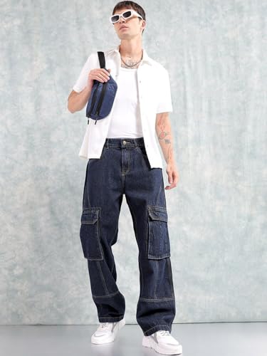 Image of The Indian Garage Co Men Relaxed Fit Solid Mid-Rise Cargo Denim