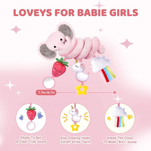 Image of Spiral Car Seat Toys for Baby Girls 0-6 Months, Cute Pink Elephant Strawberry Stuff, Perfect Newborn Shower Gifts for Girls Essentials