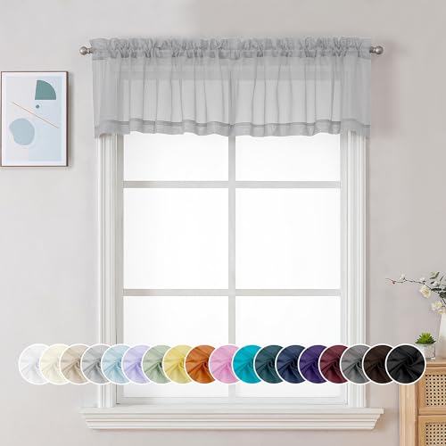 Image of Chyhomenyc Sheer Light Grey Valances for Windows 2 Pack, Small Window Curtains for Living Room Bathroom Cafe Laundry Basement, Modern Top Dual Rod Pocket Voile Curtain, 42W x 14L inches