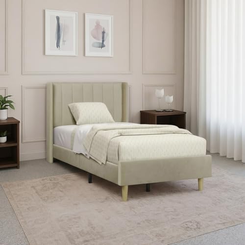 Image of Modern Upholstered Single Size Bed Without Storage | Single Size Bed for Bedroom with Headboard | Palang Furniture for Guest Room, Hotels and Home | Beige, (Beige)
