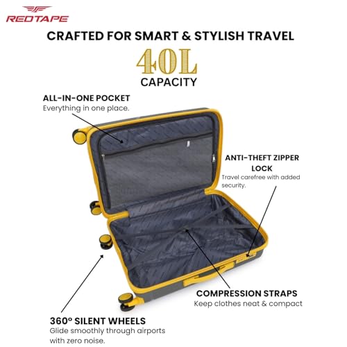 Image of Red Tape 40L Polypropylene Hard Luggage Trolley Bag | 57cm Small Cabin-in Suitcase with 360 8 Spinner Wheels, Combination Lock & Lightweight Design | Travel Luggage for Men & Women (Olive & Yellow)