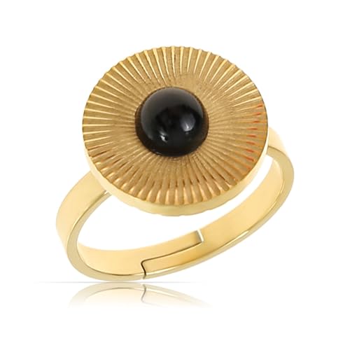 Made by Nami Bague Femme Acier Inoxydable Doré Réglable Étanche Bague Statement Soleil Pierre...