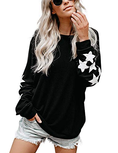 Blooming Jelly Womens Stars Pullover Sweaters Crewneck Long Sleeve Shirts Lightweight Cute Tops (Large, Black)