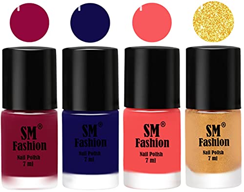 Image of Nail Polish Combo Set (Pack of 4) Quick Dry Gel Finish Nail Paint | Cherry Blossom,Dark Blue,Light Pink,Light Golden | 7 ml Each