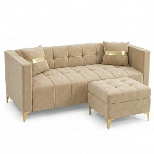 Image of FURNY Styliving 4 Seater L Shape Sofa Set with Movable Ottoman & Golden Legs | Flexible Left or Right Layout | Plush Velvet Fabric (Beige) | Perfect for Living Room, Guest Room & Office