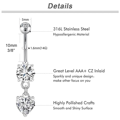 QWALIT Surgical Steel Belly Button Ring for Women - Dangly Heart Silver Navel Piercing Jewelry by QWALIT - Used condition - Image 2