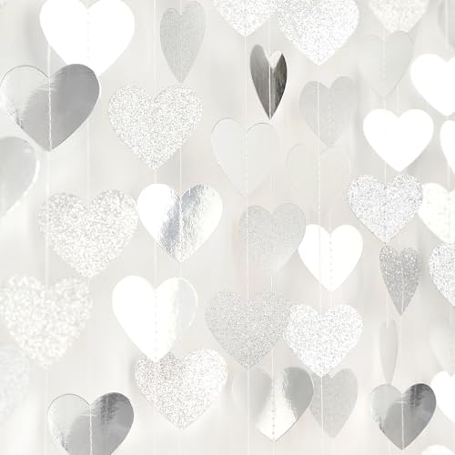 White -Silver Disco Party-Decoration Heart Garland - 52ft Birthday New Years Eve Hanging Backdrop Streamers,Graduation Engagement Wedding Bachelorette Winter Christmas Banner Decor Lasting Surprise