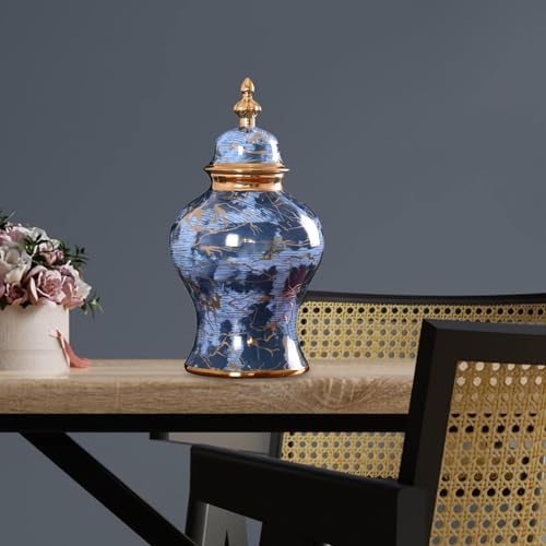 Ceramiczny garnek imbirowy z pokrywką, wazon na kwiaty, dekoracja stołu, puszka na herbatę, porcelanowy pojemnik do przechowywania, pojemnik do przechowywania kwiatów (wymiary: 20 x 38 cm, kolor