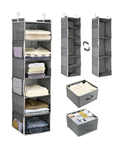 Image of ULG 1 PC Hanging Closet Organizer, 3-in-1 to 6-in-1 Reversible Cloth Hanging Shelves with 6 Side Pockets & 2 Removable Drawers for Wardrobe Clothes Sweater Storage, Foldable, Dark Gray, Inseparable
