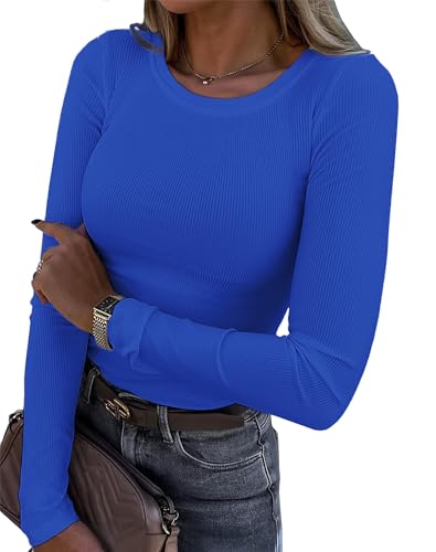 Damen Langarmshirt Rundhals Slim Fit Rippstrick Oberteil – Langarm Basic Tee Shirt Y2K T-Shirt Crop Tops Klein Blau L., 14.3 €