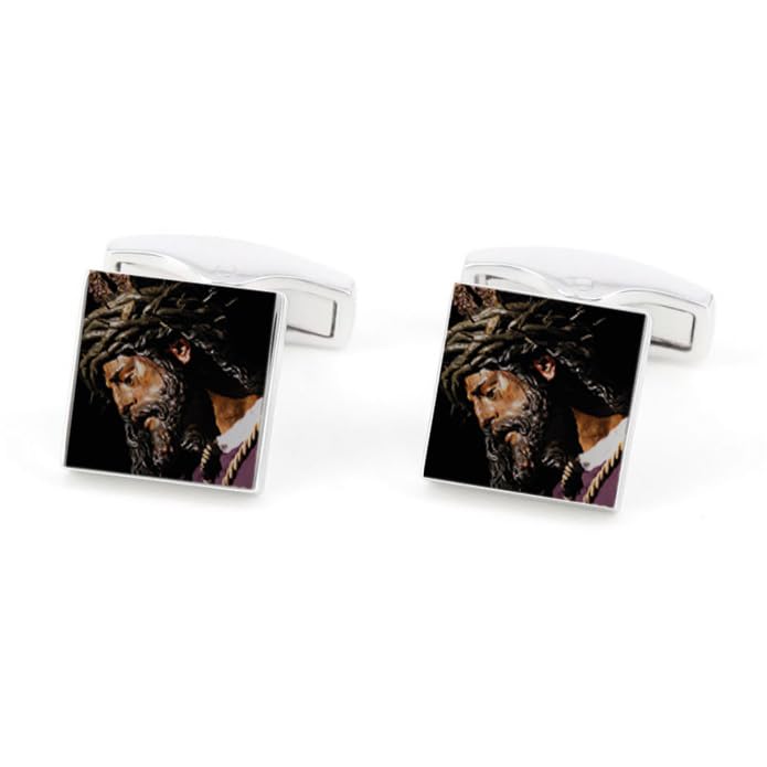 Pla Pla Pla Gemelos para Hombre Personalizado con foto del Cristo del Gran Poder. Par de Gemelos de plata para Bodas. Gemelos para Camisa Traje Esmoquin. Regalo día del padre, regalo padrino, regalo hombre