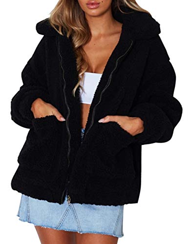 MEROKEETY Womens Long Sleeve Lapel Fuzzy Faux Shearling Coat Zipper Oversized Teddy Jacket with Pockets