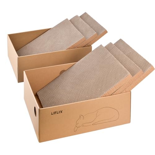 LIFLIX 6 STK. Kratzbretter mit 2 Boxen, 43.5×33.5×15.5cm Kratzpappe für Katzen mit hochwertiger Karton