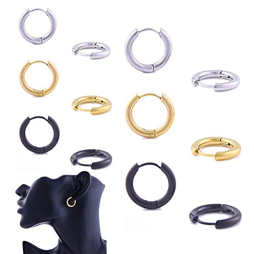 6 Pairs Huggie Hoop Earrings Surgical Stainless Steel,Hypoallergenic Earrings Hoop Cartilage Helix Lobes Hinged Sleeper Earrings for Men Women,10mm/16mm,Gold/Silver/Black