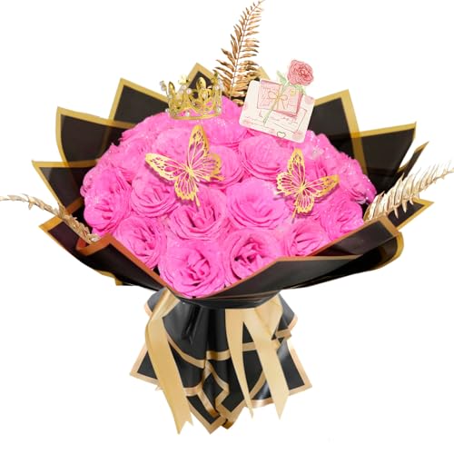 AIGOCITY 24 Pcs Glitter Roses Bouquet,Artificial Rose Bouquet,Sparkly Rose,DIY Fake Glitter Bouquets with Crown Card 3D Butterfly for Birthday Gifts Wedding Valentine's Day Mother's Day (Pink)