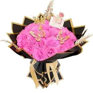 AIGOCITY 24 Pcs Glitter Roses Bouquet,Artificial Rose Bouquet,Sparkly Rose,DIY Fake Glitter Bouquets with Crown Card 3D Butterfly for Birthday Gifts Wedding Valentine’s Day Mother’s Day (Pink)