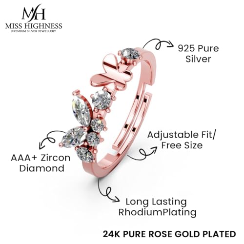 Image of Miss Highness 925 Sterling Pure Silver Ring for Women, Butterfly Rings, Adjustable Size, Daily Wear Silver Jewellery with Certificate of Authenticity, Birthday, Anniversary, Gift for Wife & Girlfriend